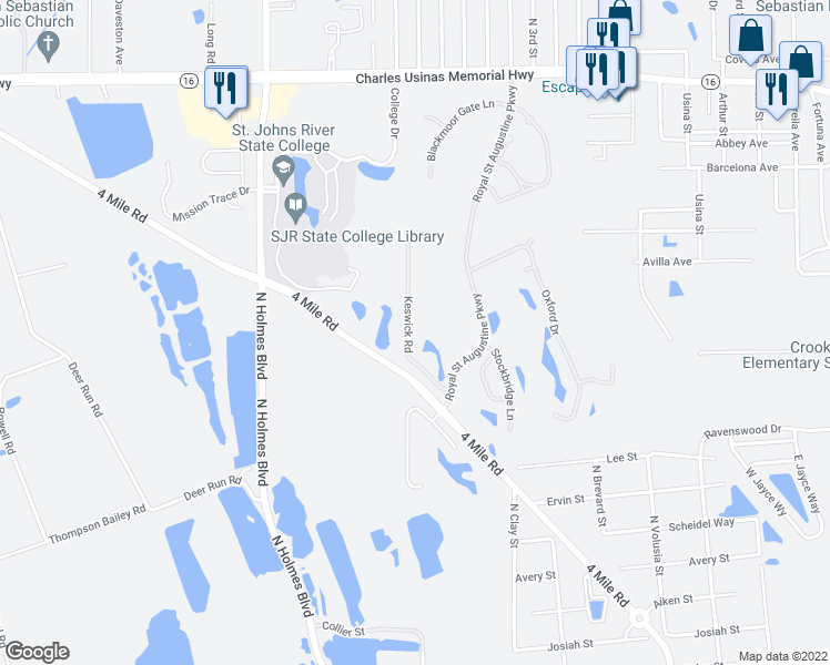 map of restaurants, bars, coffee shops, grocery stores, and more near 1772 Keswick Road in St. Augustine