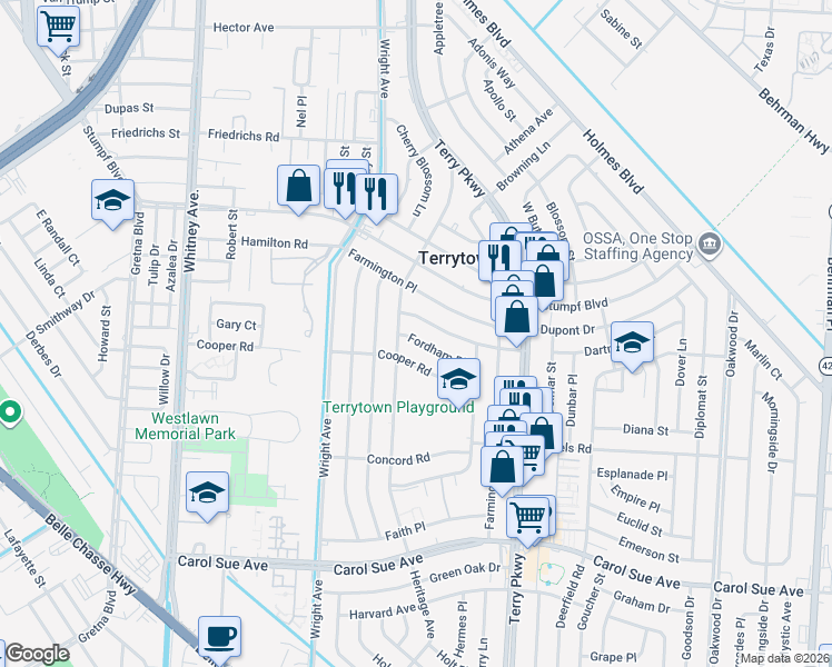 map of restaurants, bars, coffee shops, grocery stores, and more near 1903 Cooper Road in Terrytown