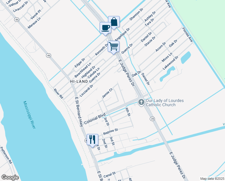map of restaurants, bars, coffee shops, grocery stores, and more near 2413 Jamie Court in Violet