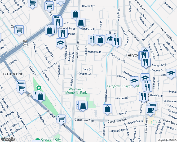 map of restaurants, bars, coffee shops, grocery stores, and more near 1644 Gary Court in Terrytown