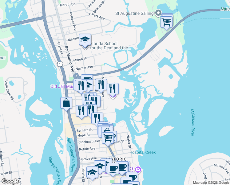 map of restaurants, bars, coffee shops, grocery stores, and more near 11 Magnolia Avenue in St. Augustine
