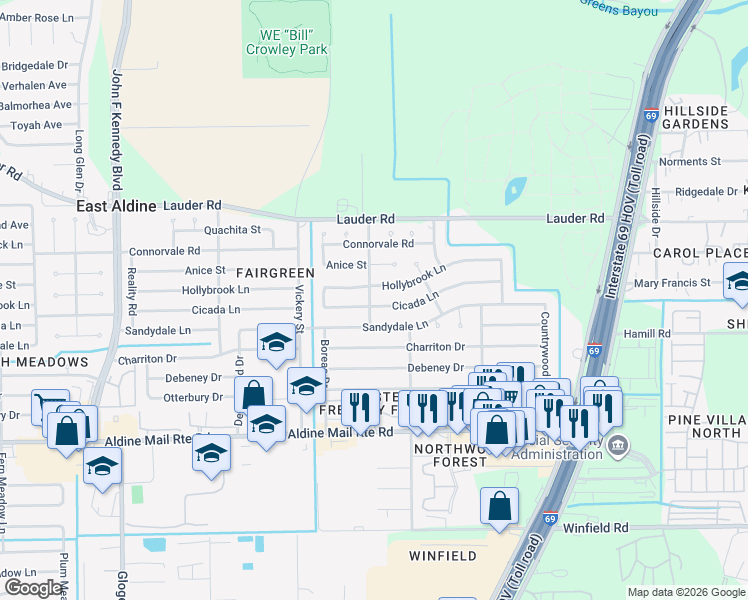 map of restaurants, bars, coffee shops, grocery stores, and more near 4803 Sandydale Lane in Houston