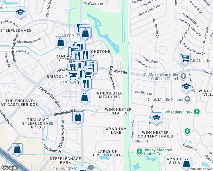 map of restaurants, bars, coffee shops, grocery stores, and more near 408 Ranchstone Drive in Houston