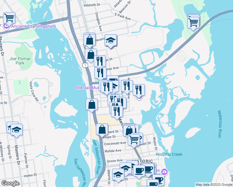map of restaurants, bars, coffee shops, grocery stores, and more near 15 Estey Street in St. Augustine
