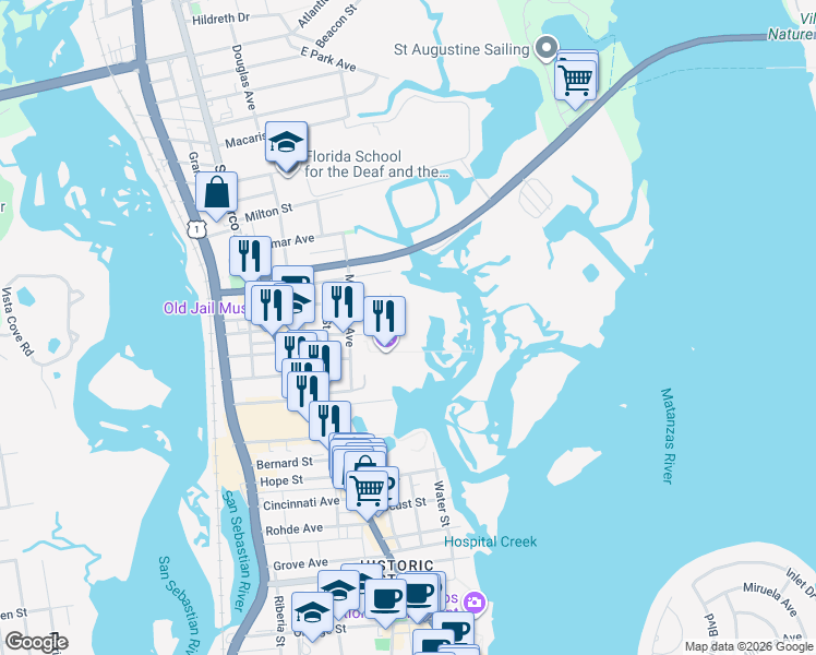 map of restaurants, bars, coffee shops, grocery stores, and more near 5 Radio Road in St. Augustine
