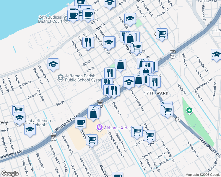 map of restaurants, bars, coffee shops, grocery stores, and more near 947 12th Street in Gretna
