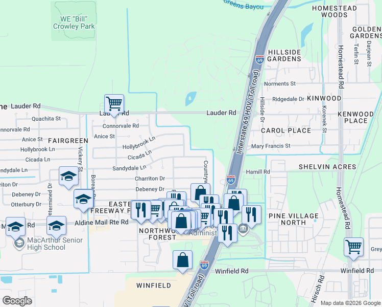 map of restaurants, bars, coffee shops, grocery stores, and more near 12822 Magic Drive in Houston