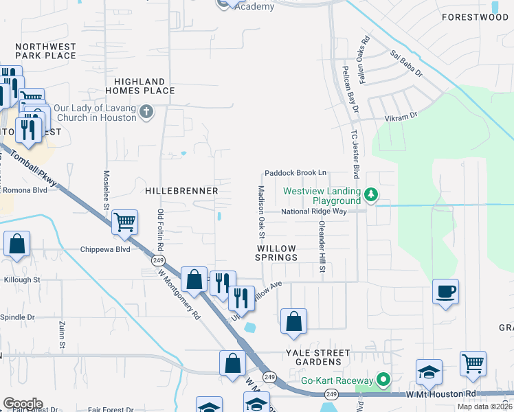 map of restaurants, bars, coffee shops, grocery stores, and more near 12035 Madison Oak Street in Houston