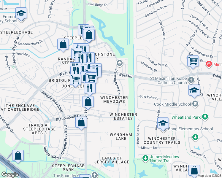 map of restaurants, bars, coffee shops, grocery stores, and more near 408 Ranchstone Drive in Houston