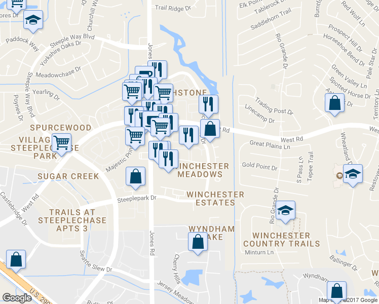 map of restaurants, bars, coffee shops, grocery stores, and more near 408 Ranchstone Drive in Houston
