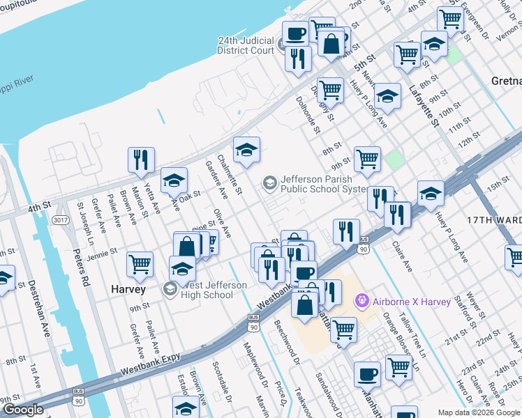 map of restaurants, bars, coffee shops, grocery stores, and more near in Harvey