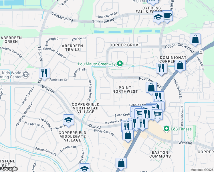 map of restaurants, bars, coffee shops, grocery stores, and more near 9034 Canton Park Lane in Houston