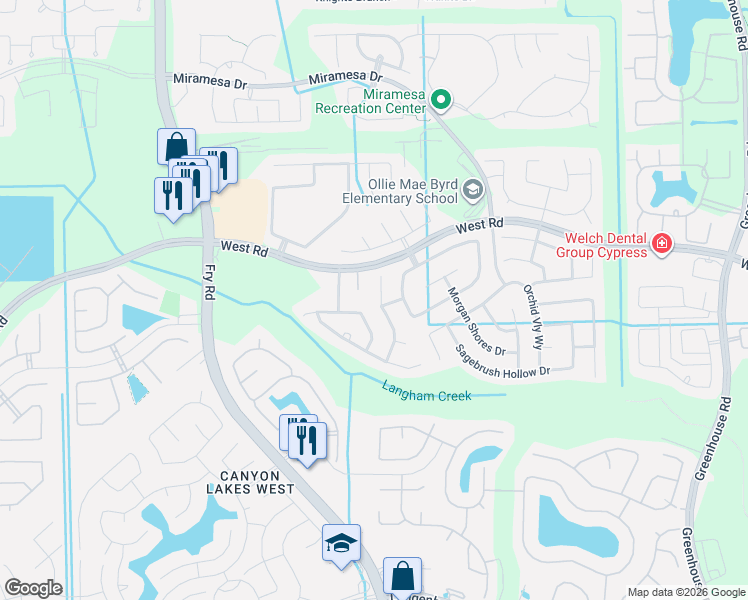 map of restaurants, bars, coffee shops, grocery stores, and more near 9931 Beacon Mill Drive in Cypress