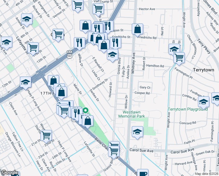 map of restaurants, bars, coffee shops, grocery stores, and more near 39 Howard Street in Gretna
