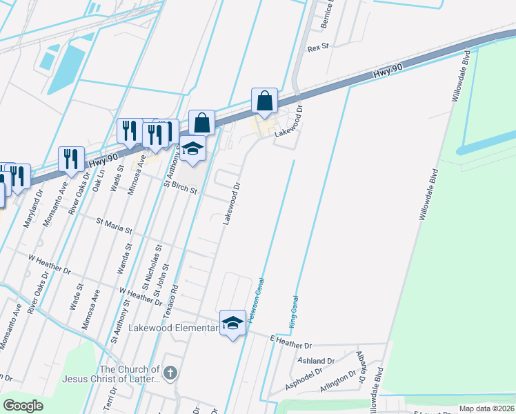 map of restaurants, bars, coffee shops, grocery stores, and more near 125 Lakewood Drive in Luling