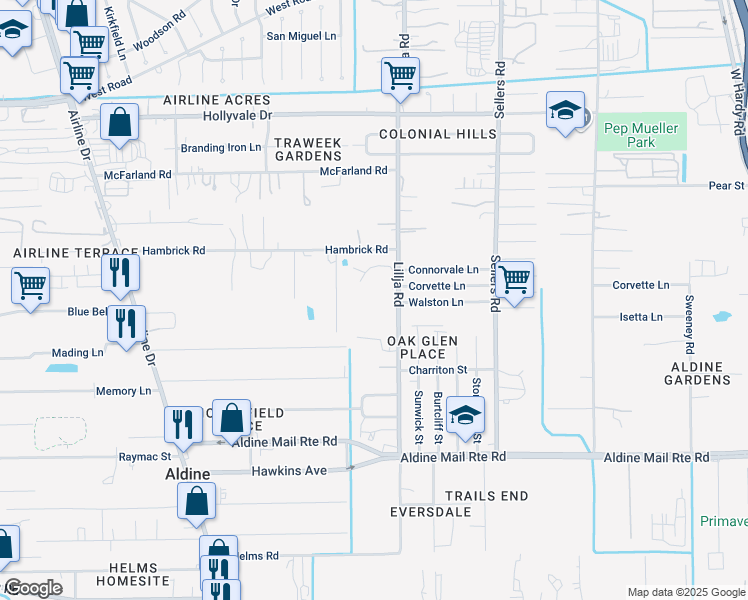 map of restaurants, bars, coffee shops, grocery stores, and more near 14411 Lillja Road in Houston