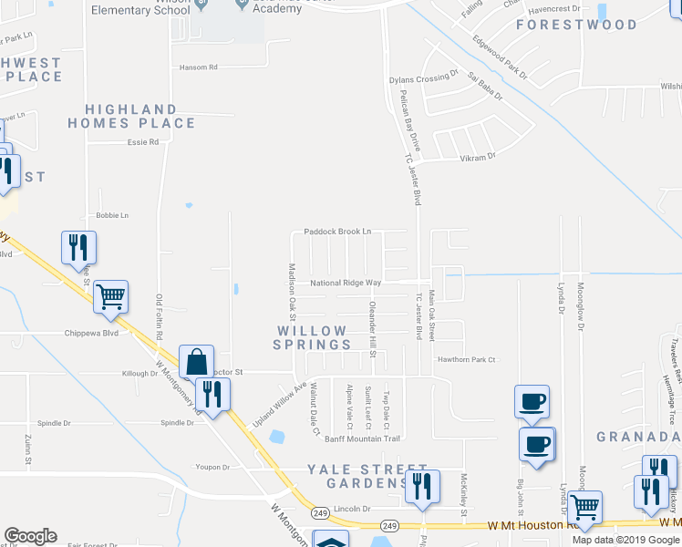 map of restaurants, bars, coffee shops, grocery stores, and more near 12030 Audubon Hill Court in Houston