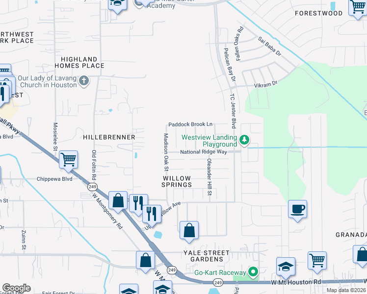 map of restaurants, bars, coffee shops, grocery stores, and more near 12030 Audubon Hill Court in Houston