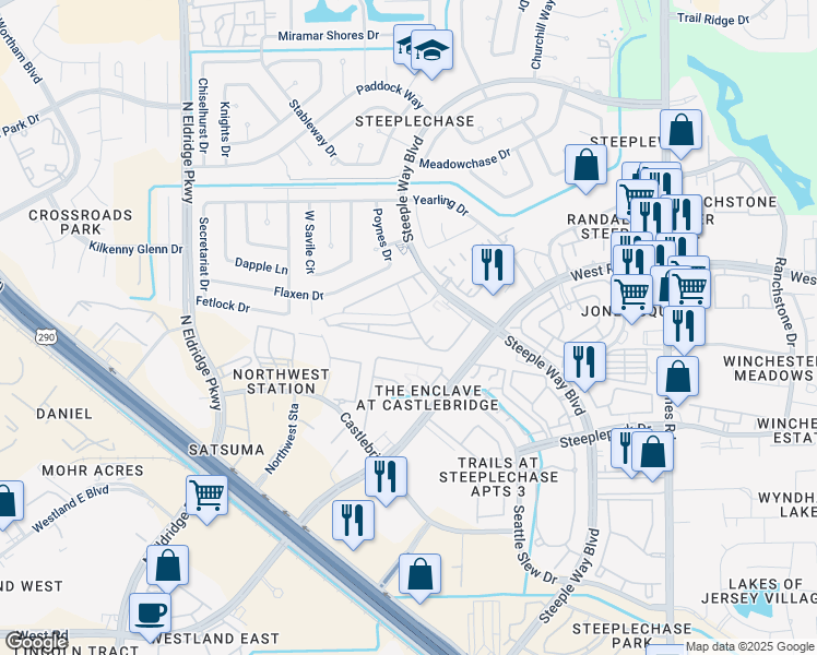 map of restaurants, bars, coffee shops, grocery stores, and more near 11910 Thoroughbred Drive in Houston