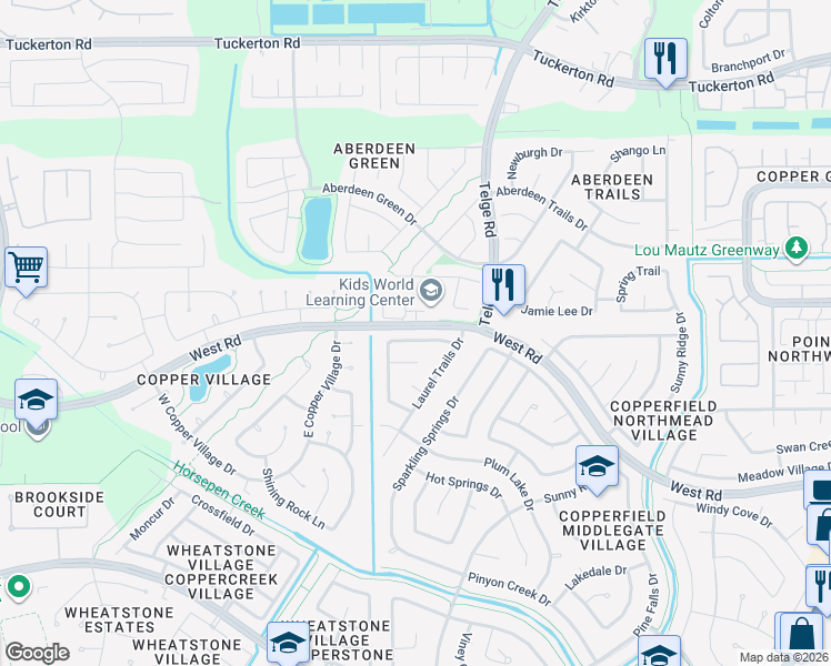 map of restaurants, bars, coffee shops, grocery stores, and more near 16210 West Road in Houston