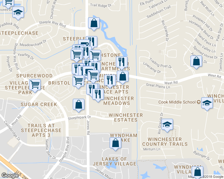 map of restaurants, bars, coffee shops, grocery stores, and more near 10910 Gold Point Drive in Houston