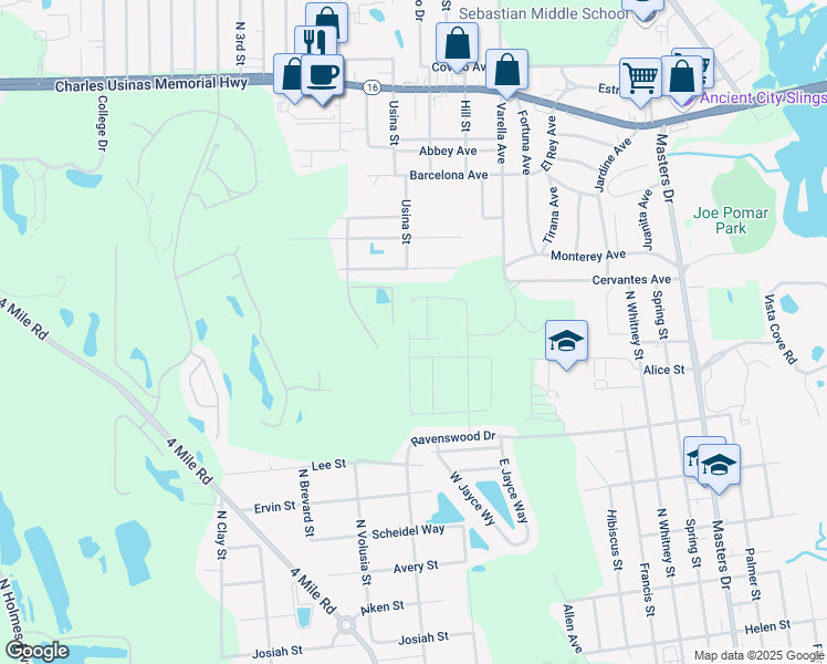 map of restaurants, bars, coffee shops, grocery stores, and more near 61 Crookshank Drive in Saint Augustine