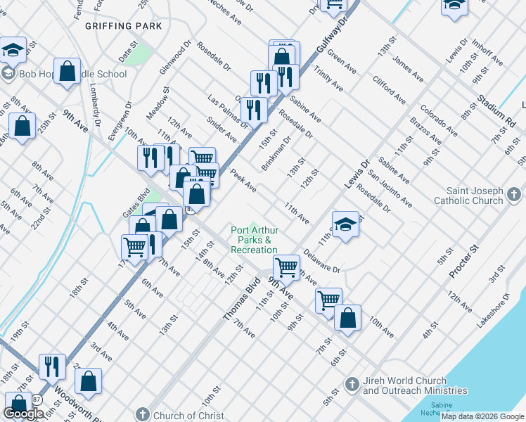 map of restaurants, bars, coffee shops, grocery stores, and more near 1448 Delaware Drive in Port Arthur