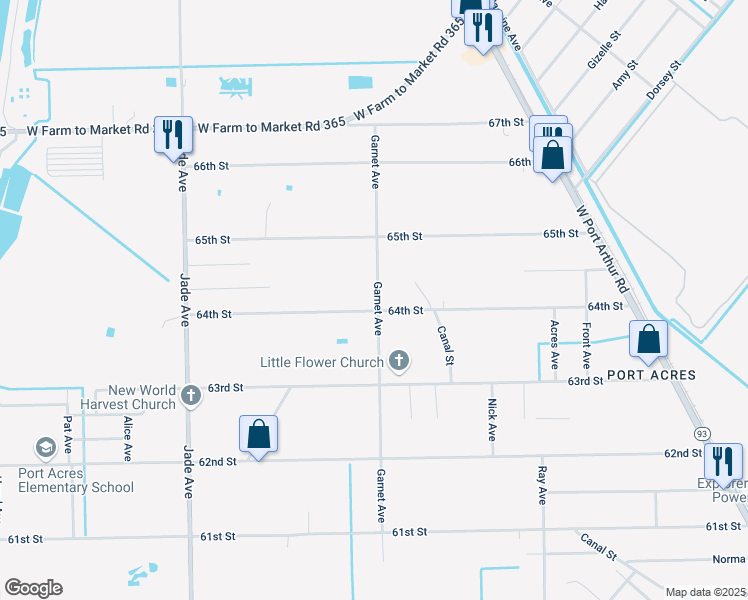 map of restaurants, bars, coffee shops, grocery stores, and more near 6513 Garnet Avenue in Port Arthur