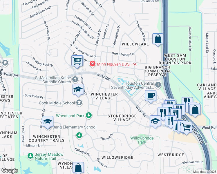 map of restaurants, bars, coffee shops, grocery stores, and more near 9807 Winchester Village Court in Houston