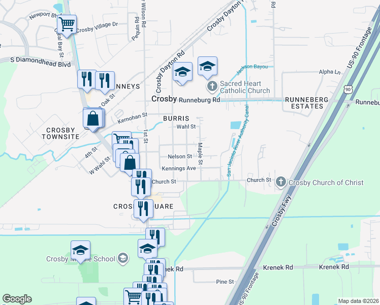 map of restaurants, bars, coffee shops, grocery stores, and more near 5406 Gum Street in Crosby