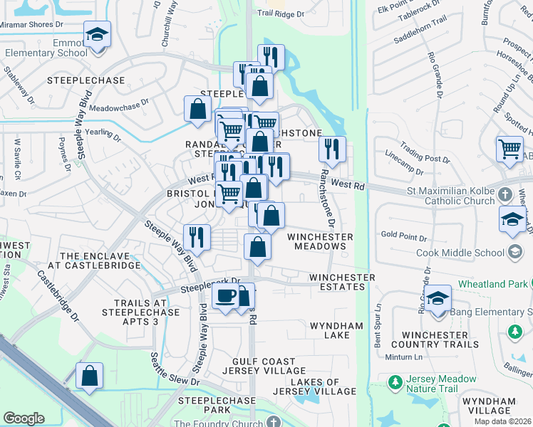 map of restaurants, bars, coffee shops, grocery stores, and more near 9330 Jones Road in Houston