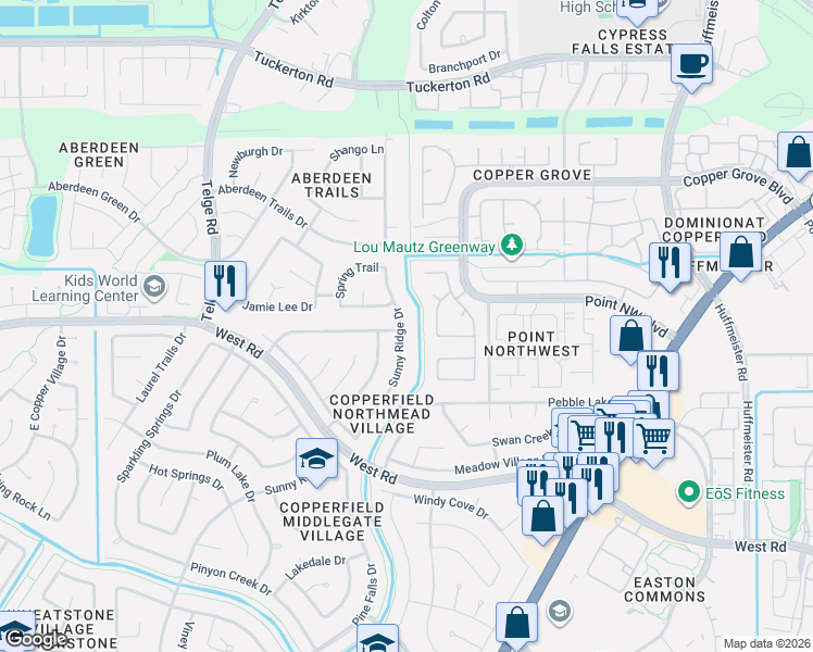 map of restaurants, bars, coffee shops, grocery stores, and more near 8702 Sunny Ridge Drive in Houston