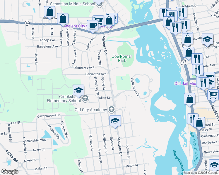map of restaurants, bars, coffee shops, grocery stores, and more near 1540 Masters Drive in St. Augustine