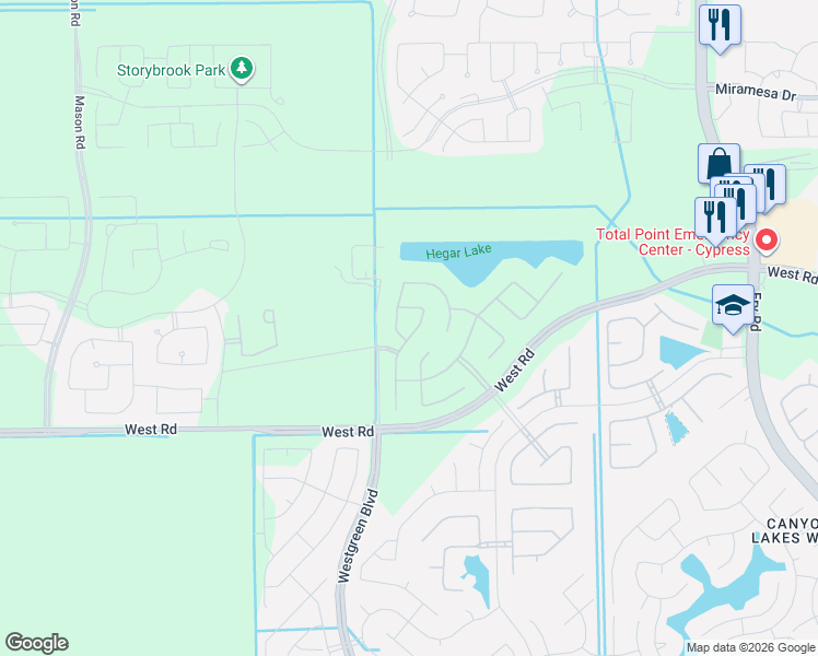 map of restaurants, bars, coffee shops, grocery stores, and more near Unnamed Road in Cypress