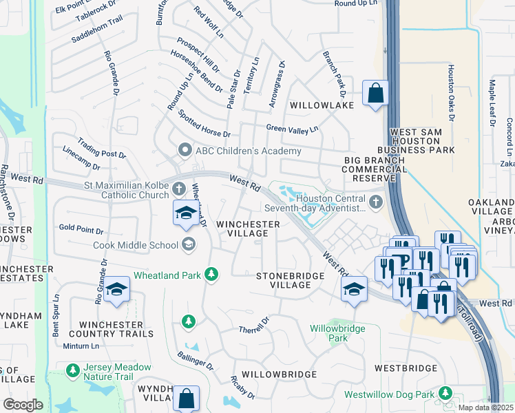 map of restaurants, bars, coffee shops, grocery stores, and more near 9807 Winchester Village Court in Houston