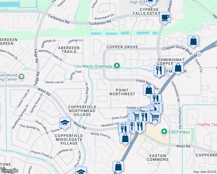 map of restaurants, bars, coffee shops, grocery stores, and more near 9026 Tarpon Springs Lane in Houston