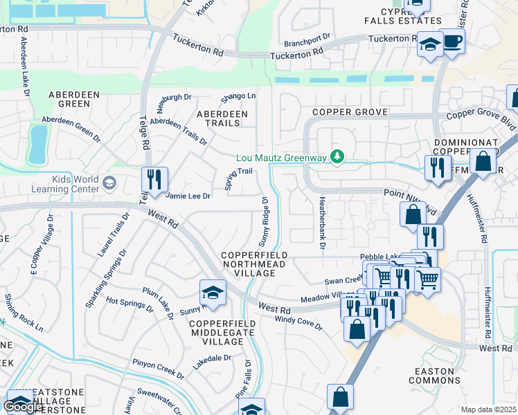 map of restaurants, bars, coffee shops, grocery stores, and more near 8714 Sunny Ridge Drive in Houston