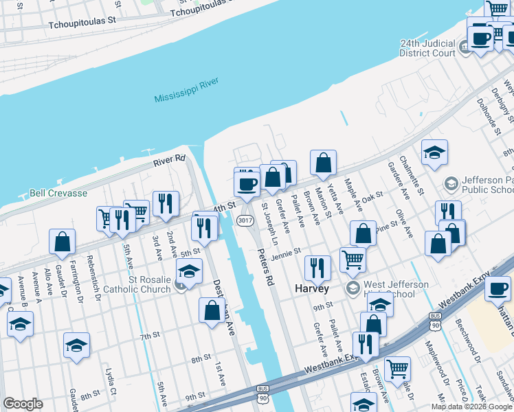 map of restaurants, bars, coffee shops, grocery stores, and more near 2708 4th Street in Harvey