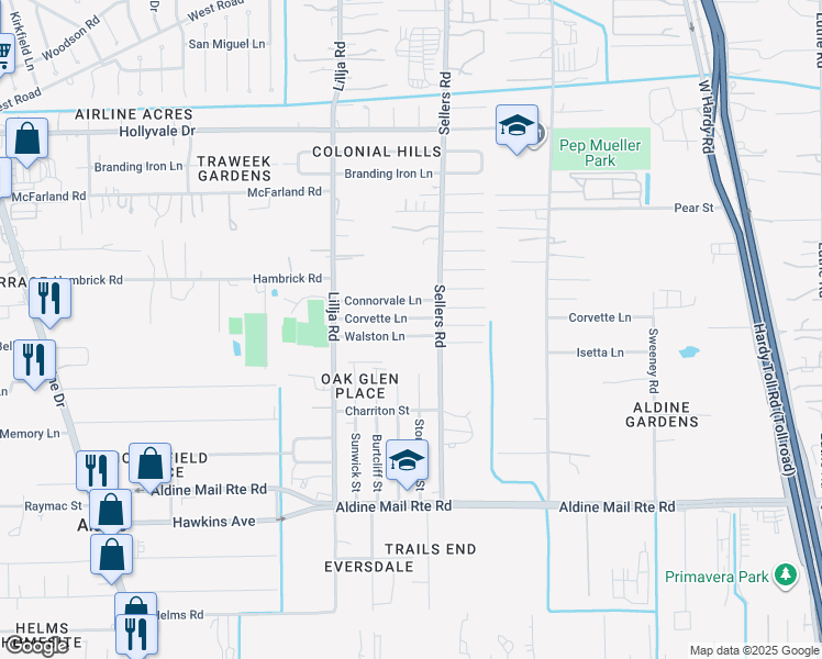 map of restaurants, bars, coffee shops, grocery stores, and more near 623 Walston Lane in Houston