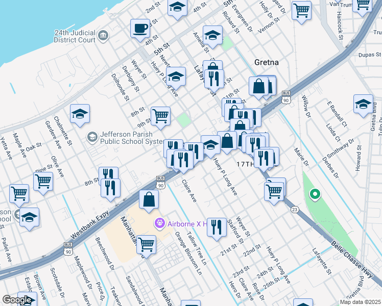 map of restaurants, bars, coffee shops, grocery stores, and more near 1221 Weyer Street in Gretna