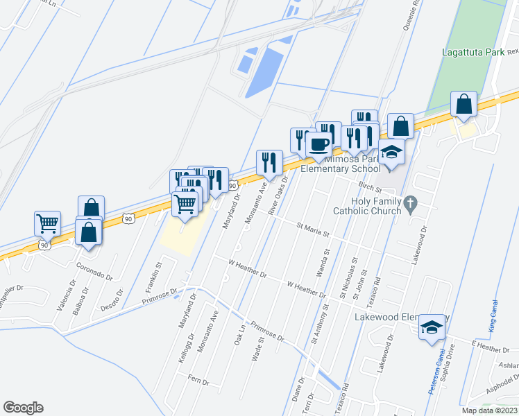 map of restaurants, bars, coffee shops, grocery stores, and more near 1128 Saint Maria Street in Luling