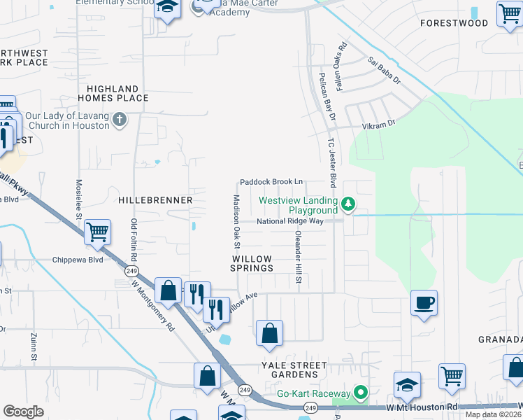 map of restaurants, bars, coffee shops, grocery stores, and more near 12030 Audubon Hill Court in Houston
