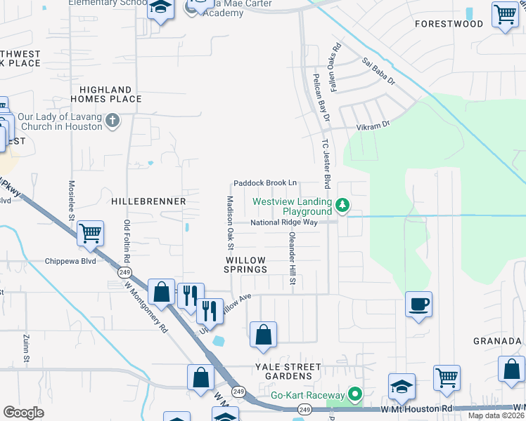 map of restaurants, bars, coffee shops, grocery stores, and more near 12018 Audubon Hill Court in Houston