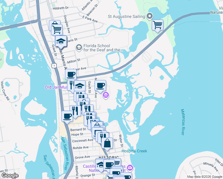 map of restaurants, bars, coffee shops, grocery stores, and more near 5 Radio Road in St. Augustine