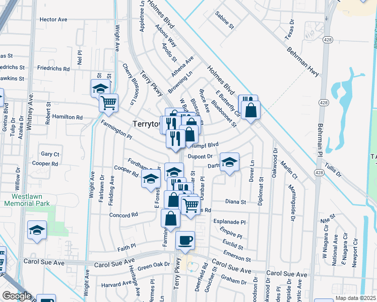 map of restaurants, bars, coffee shops, grocery stores, and more near 445 Terry Parkway in Terrytown