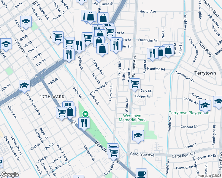 map of restaurants, bars, coffee shops, grocery stores, and more near 43 Howard Avenue in Gretna