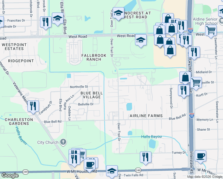map of restaurants, bars, coffee shops, grocery stores, and more near 1220 Northville Street in Houston