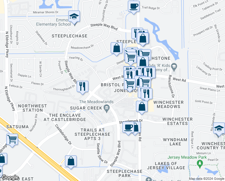 map of restaurants, bars, coffee shops, grocery stores, and more near Yearling Drive in Houston