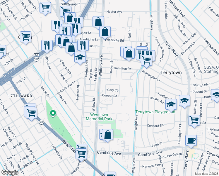 map of restaurants, bars, coffee shops, grocery stores, and more near 1620 Alexander Court in Terrytown