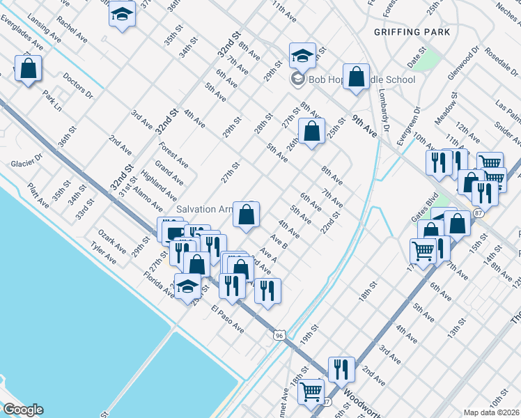 map of restaurants, bars, coffee shops, grocery stores, and more near 3215 25th Street in Port Arthur